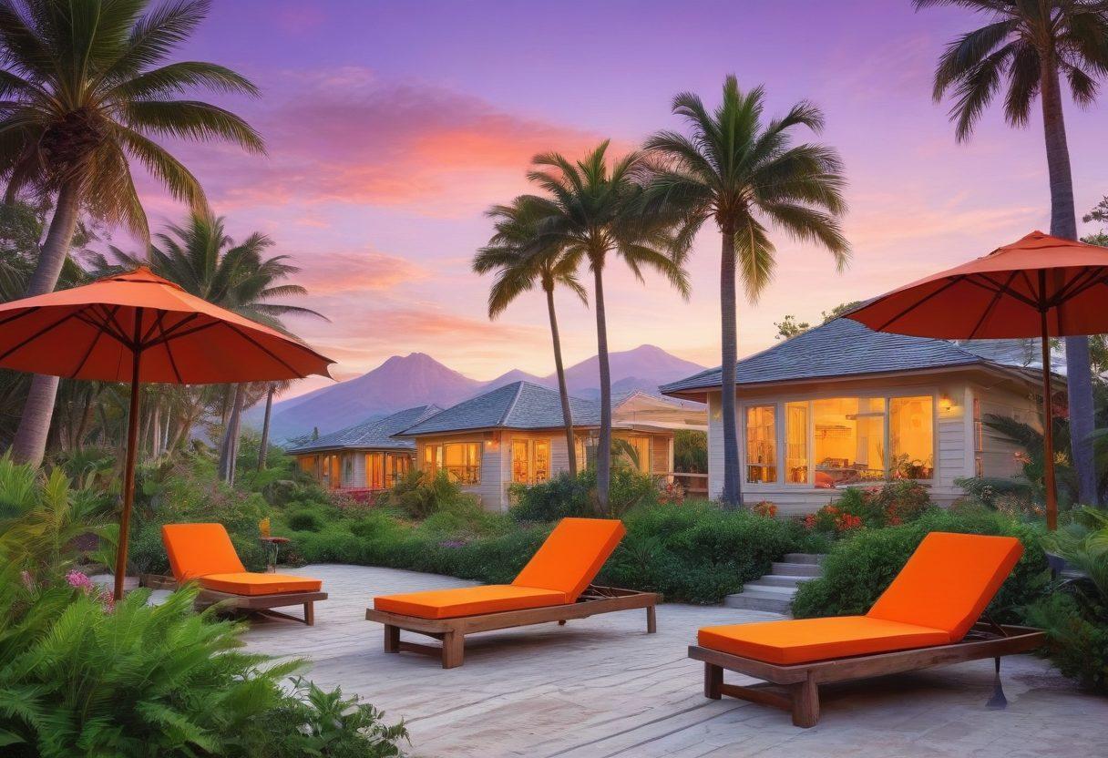 A stunning collage of holiday homes by the sea and in serene mountain retreats, showcasing modern designs and cozy features. Include a picturesque beach setting with umbrellas and sun loungers, and a tranquil cabin nestled in lush greenery. Capture a sunset sky transitioning from vibrant oranges to soft purples. Add elements like palm trees and a gentle breeze to evoke a relaxing atmosphere. digital painting. vibrant colors.