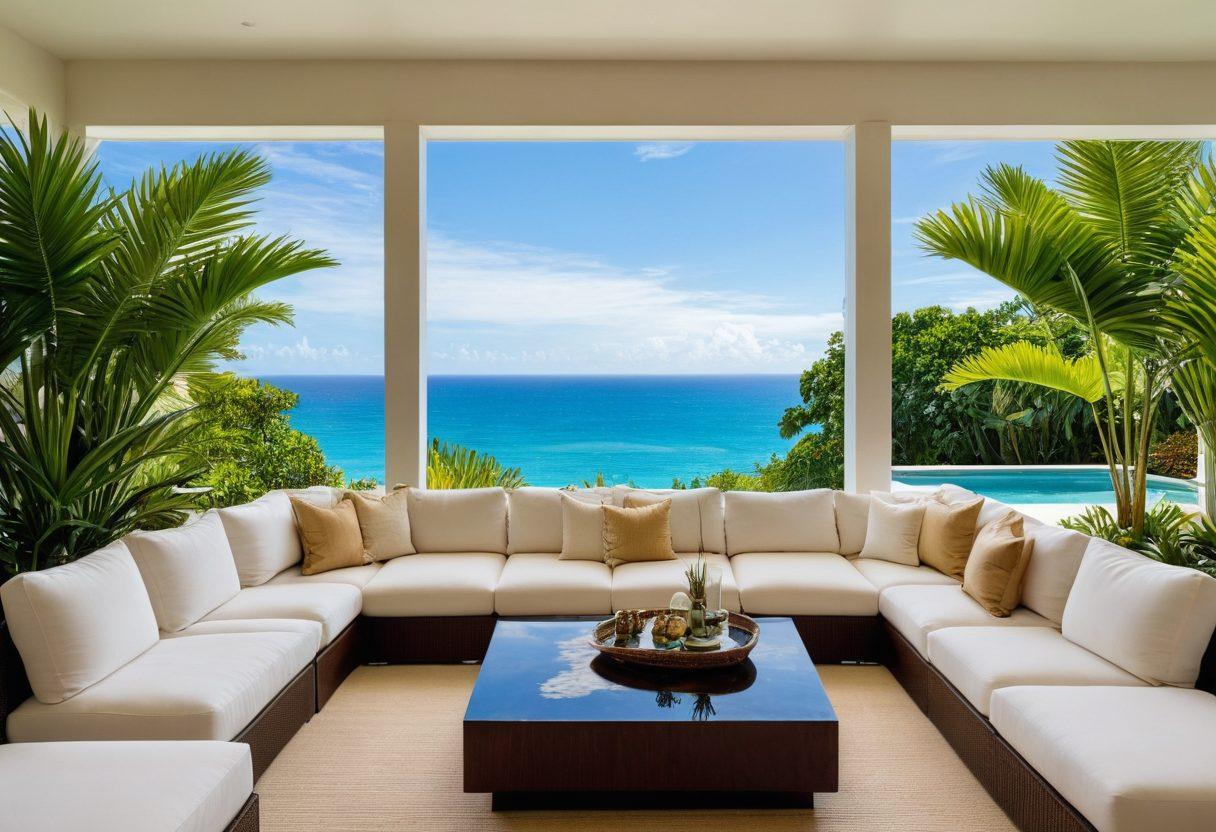 A sun-drenched luxury rental with a stunning ocean view, featuring elegant outdoor furniture and a sparkling pool. Show a stylish couple lounging with drinks in hand, surrounded by lush tropical plants. Include touches of sophistication, like gourmet snacks, soft lighting, and chic decor. The atmosphere should radiate relaxation and affluence, highlighting affordable luxury. vibrant colors. super-realistic.