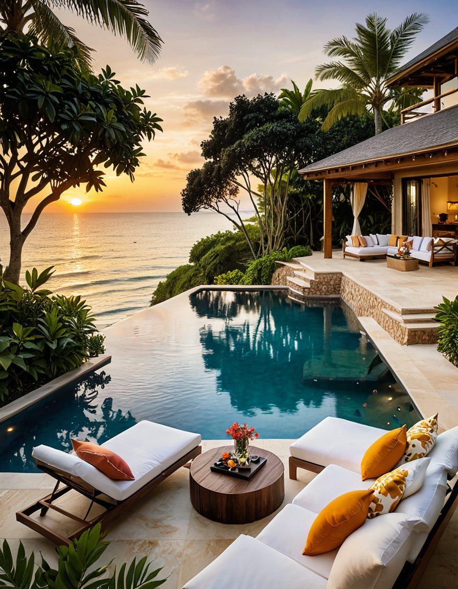 A serene luxury holiday home nestled by a tranquil beach, showcasing an inviting infinity pool, lush tropical gardens, and elegantly designed outdoor seating areas. In the foreground, a diverse group of friends enjoying drinks, embodying the joy of vacation, while a sunset bathes the scene in warm golden hues. The image should evoke a sense of relaxation and adventure, enticing viewers to explore new destinations. vibrant colors. super-realistic.